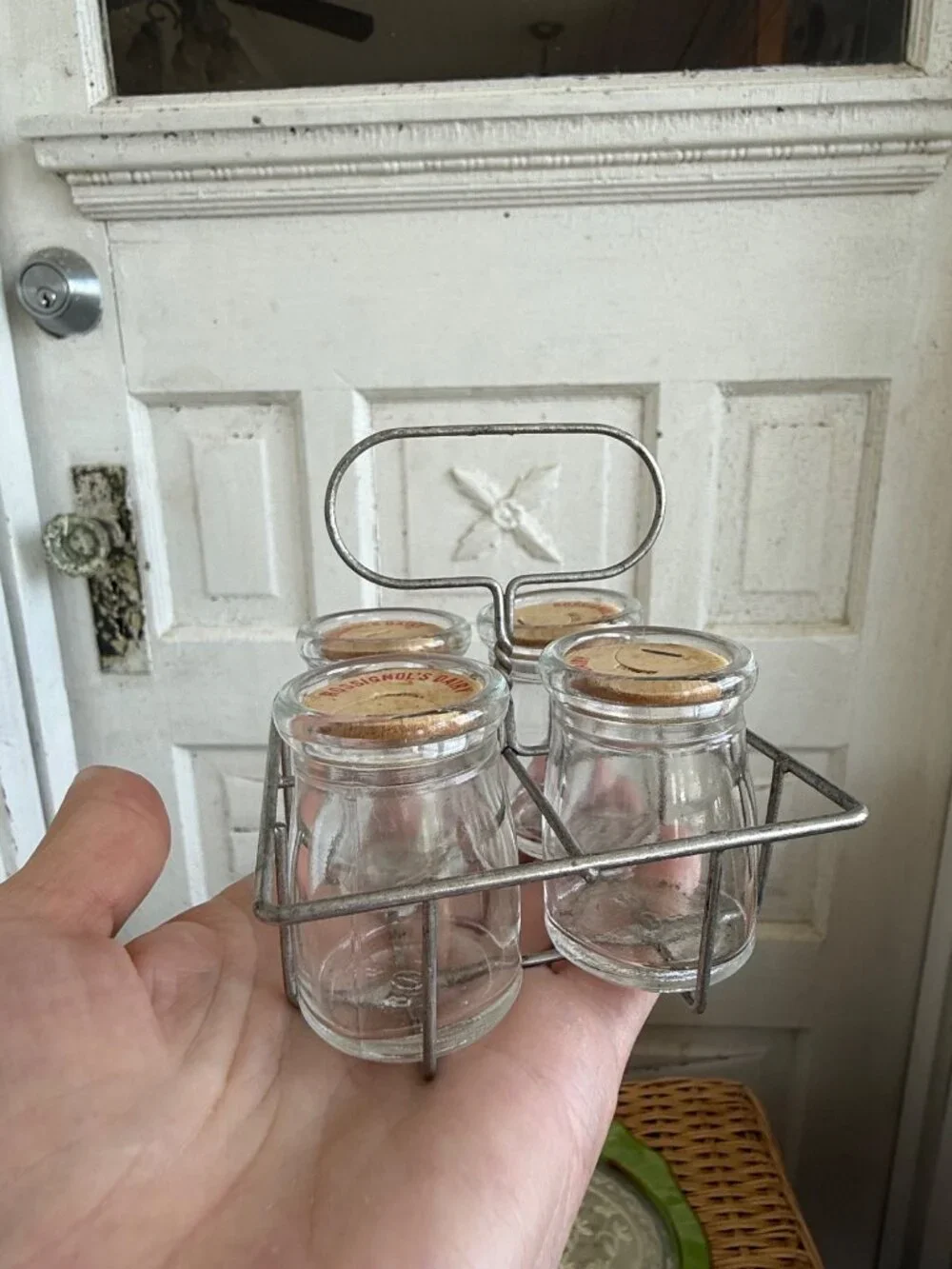 Antique 30s Rossignol's Dairy ME Mini Milk Bottle Creamer Set Wire Carrier